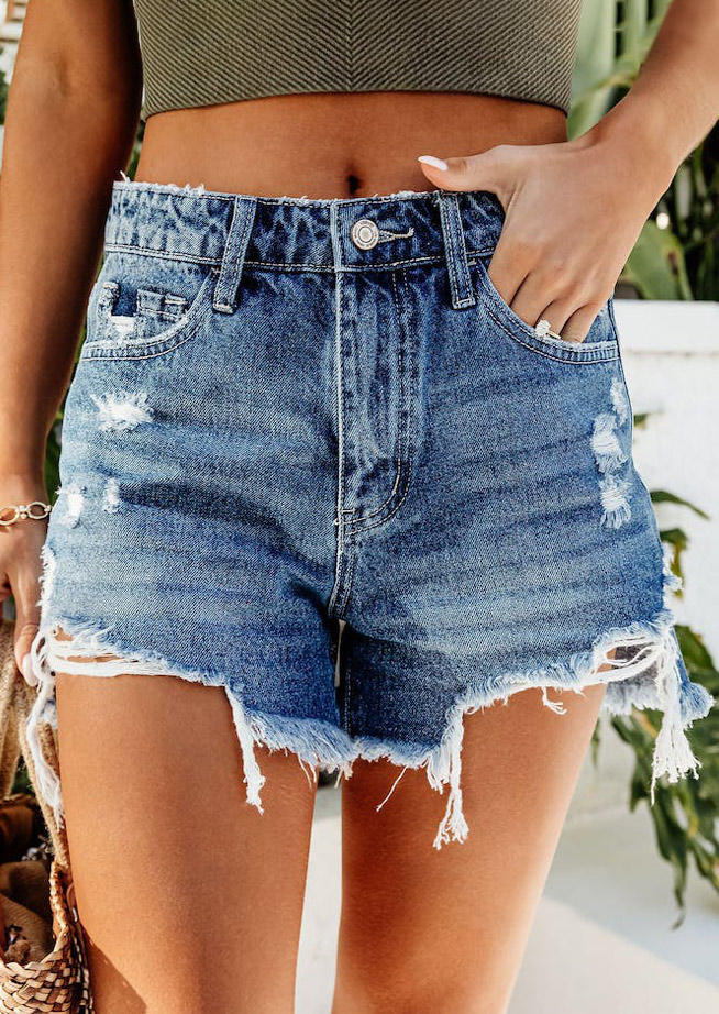 

Pocket Button Ripped Frayed Hem Denim Shorts - Blue, SCM014711