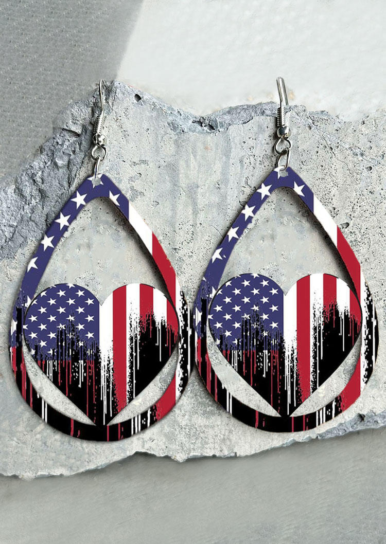 

American Flag Heart Hollow Out Water Drop Earrings, Multicolor, SCM015256