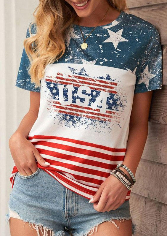 

USA American Flag Star Striped T-Shirt Tee, Multicolor, SCM015353