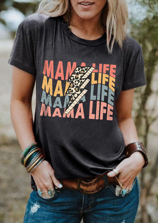 

Mama Life Leopard O-Neck T-Shirt Tee - Dark Grey, Gray, SCM015424