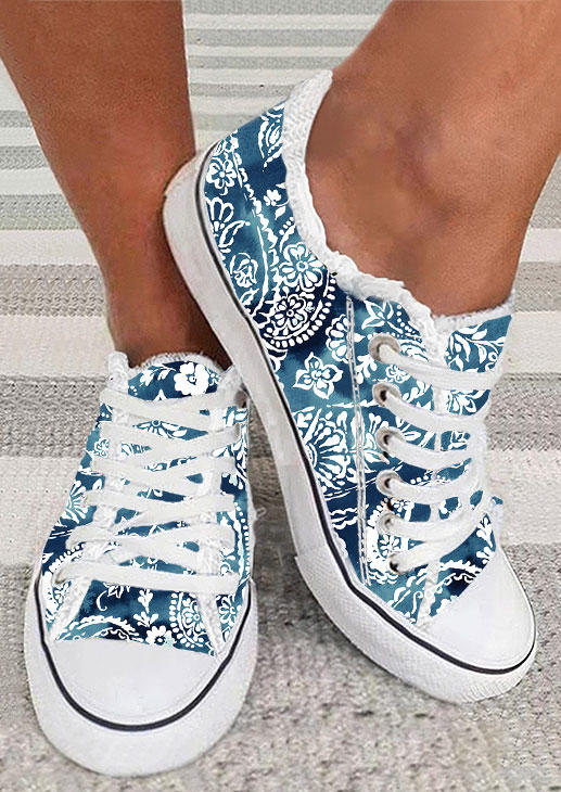 

Floral Tie Dye Frayed Lace Up Flat Sneakers - Blue, SCM015488