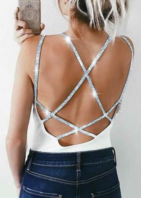 

Glitter Criss-Cross Backless V-Neck Camisole - White, SCM015545