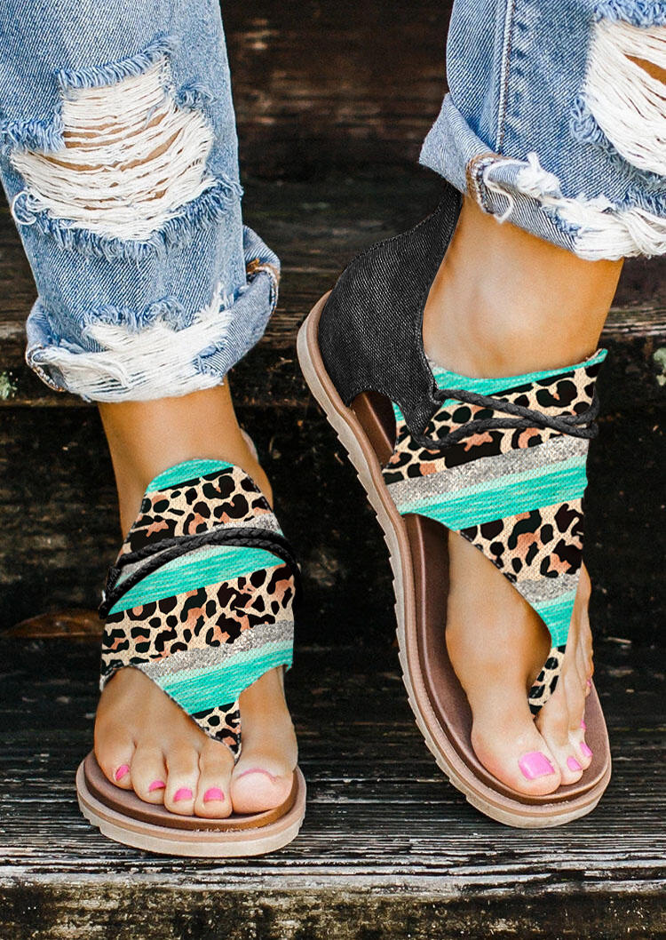 

Leopard Striped Zipper Flat Sandals, Multicolor, SCM015582