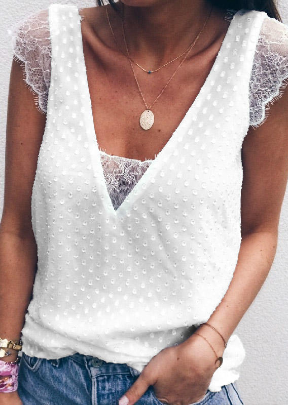 

Dotted Swiss Lace Splicing Blouse - White, SCM015227