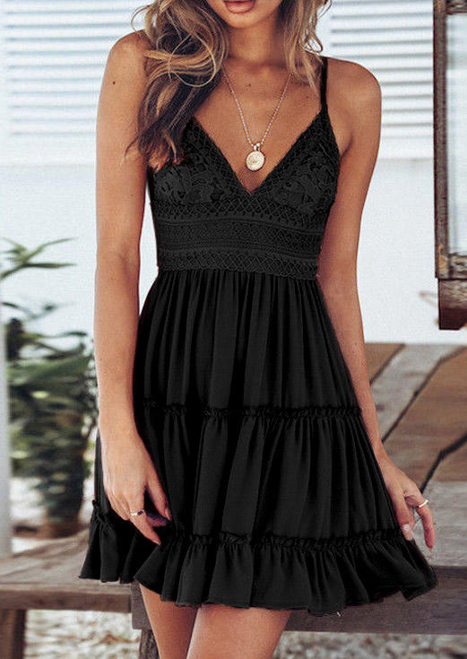 

Floral Lace Splicing Ruffled Open Back Mini Dress - Black, SCM015383