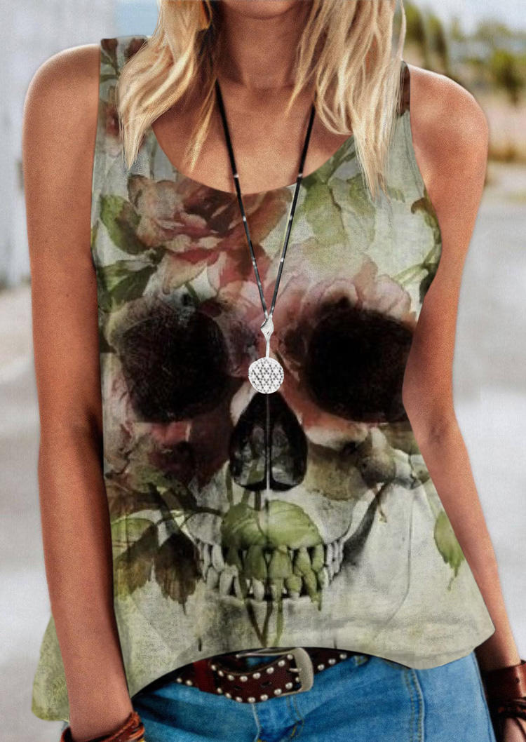 

Floral Skull Sleeveless U-Neck Tank, Multicolor, SCM015420