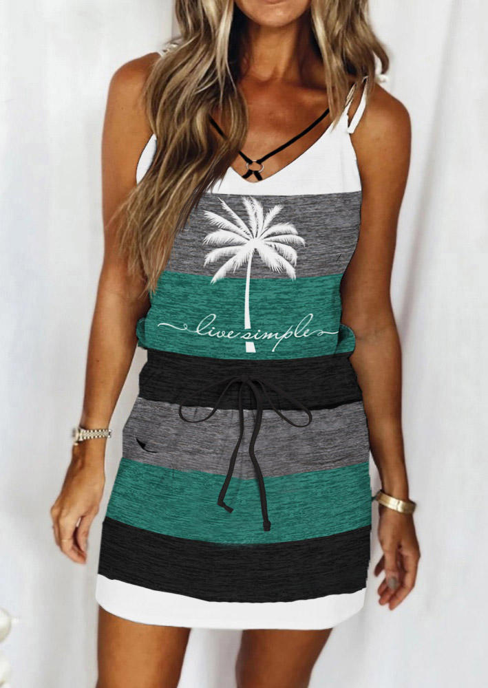 

Live Simple Coconut Tree Color Block Hollow Out Mini Dress, Multicolor, SCM015455