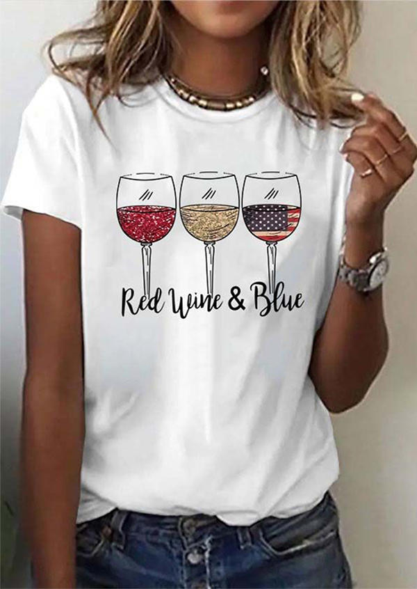 

Red Wine And Blue American Flag T-Shirt Tee - White, 503281
