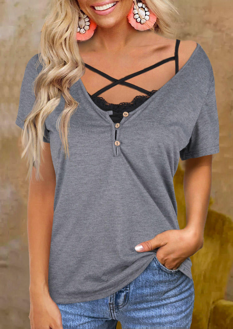 

Lace Splicing Criss-Cross Button Fake Two-Piece Blouse - Dark Grey, Gray, SCM014932