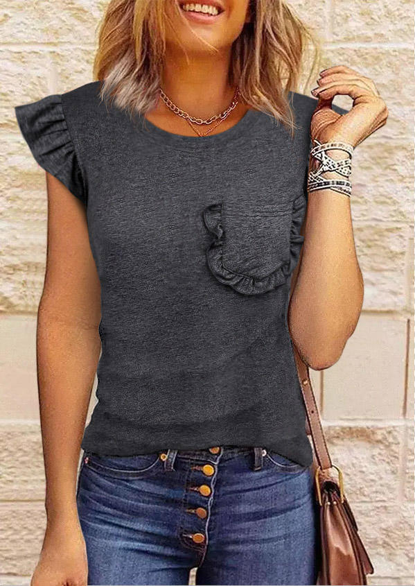 

Ruffled Pocket Cap Sleeve Blouse - Dark Grey, Gray, SCM015280
