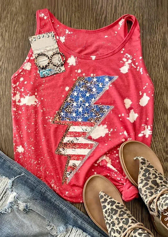 American Flag Bolt Leopard Tie Dye Tank - Watermelon Red