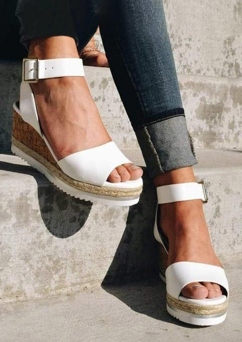 

Buckle Strap Peep Toe Wedge Sandals - White, SCM015434