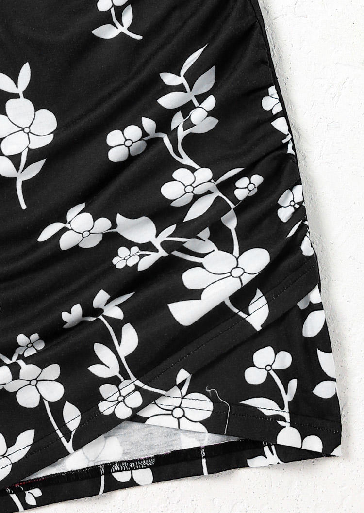 Floral Criss-Cross Wrap Bodycon Dress - Black