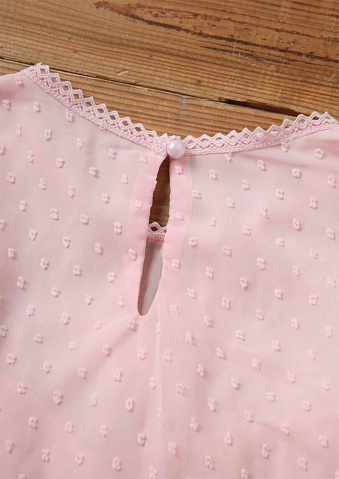 Dotted Swiss Lace Splicing Ruffled Hollow Out Button Blouse - Pink