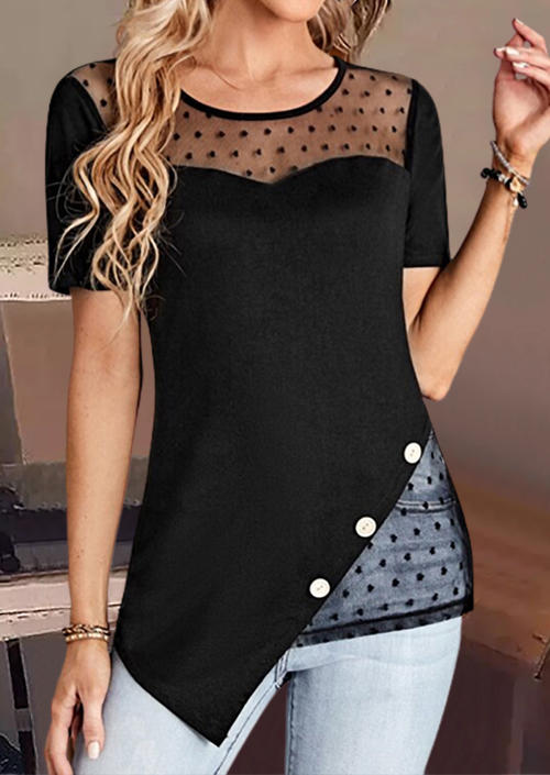 

Dotted Swiss Button Asymmetrical Hem Blouse - Black, SCM014884