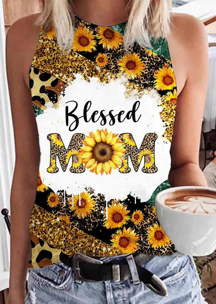 Blessed Mom Leopard Sunflower O-Neck Tank