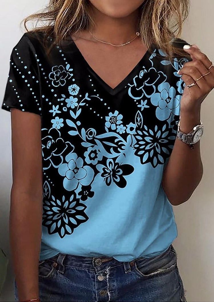 

Floral Color Block V-Neck Blouse - Blue, SCM015407
