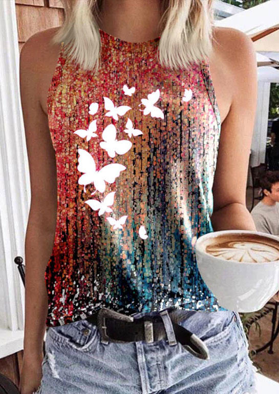 Gradient Butterfly Glitter O-Neck Tank