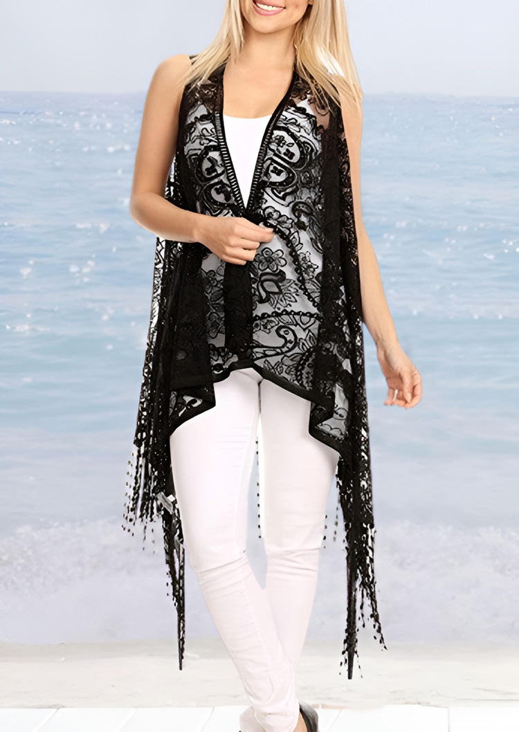 

Lace Splicing Tassel Bohemian Cardigan, Black, SCM015548