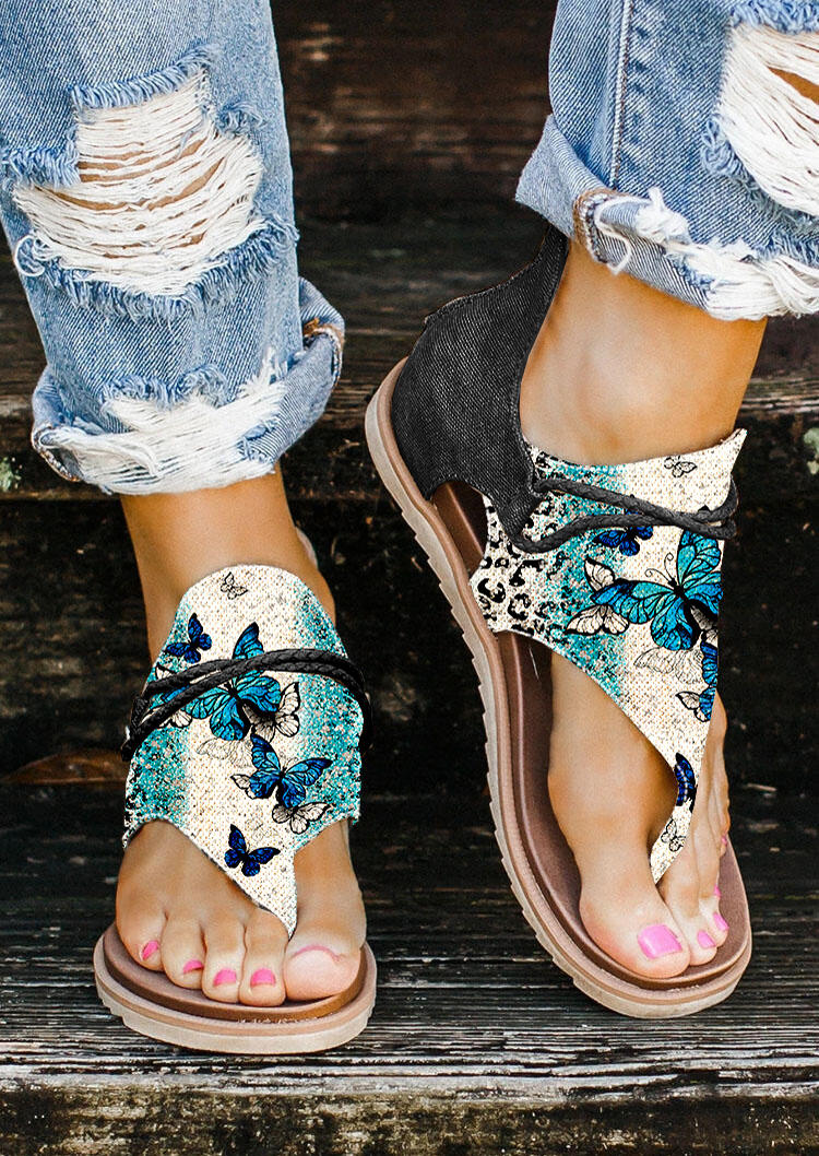 

Leopard Butterfly Zipper Flat Sandals, Multicolor, SCM015634