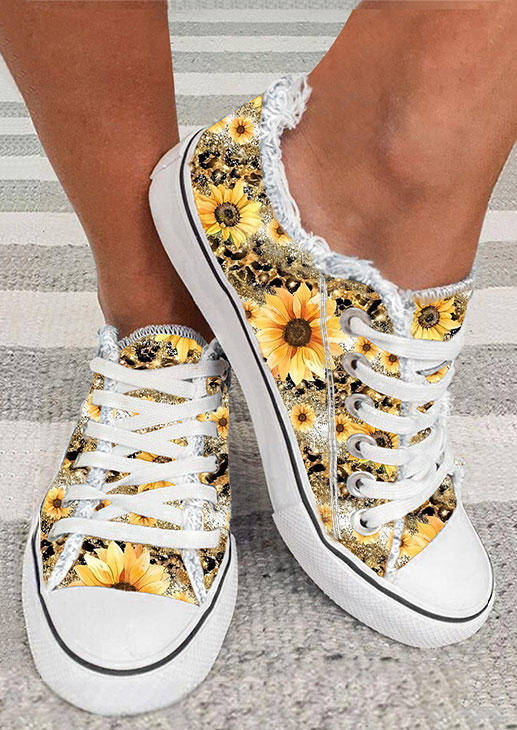 

Leopard Sunflower Glitter Lace Up Flat Sneakers, Multicolor, SCM015635