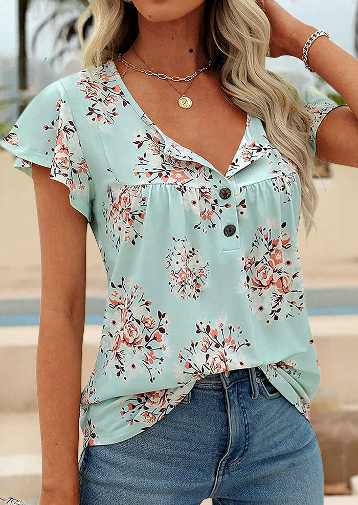 

Floral Ruffled Button Cap Sleeve Blouse - Green, SCM015359