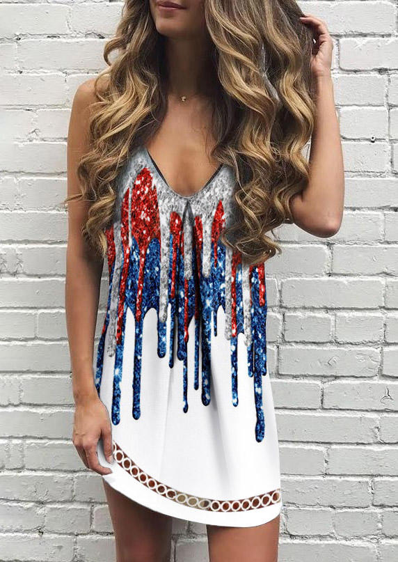 

American Flag Glitter Hollow Out Mini Dress, Multicolor, SCM015447