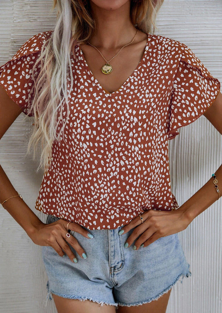 

Leopard V-Neck Petal Sleeve Blouse - Brown, SCM015477