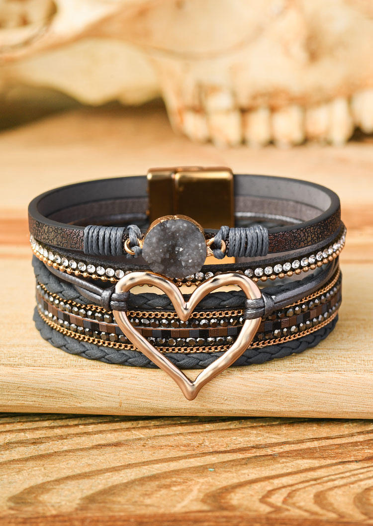 

Rhinestone Heart Alloy Bohemian Magnetic Buckle Bracelet, Gray, SCM015486