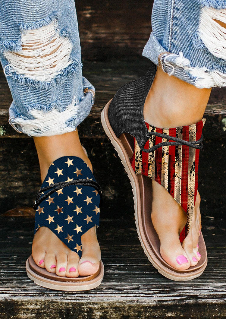 American Flag Star Striped Zipper Flat Sandals