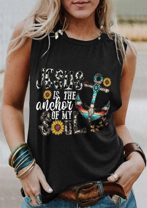 

Jesus Is The Anchor Of My Soul Leopard Sunflower Anchor Tank - Black, SCM015736