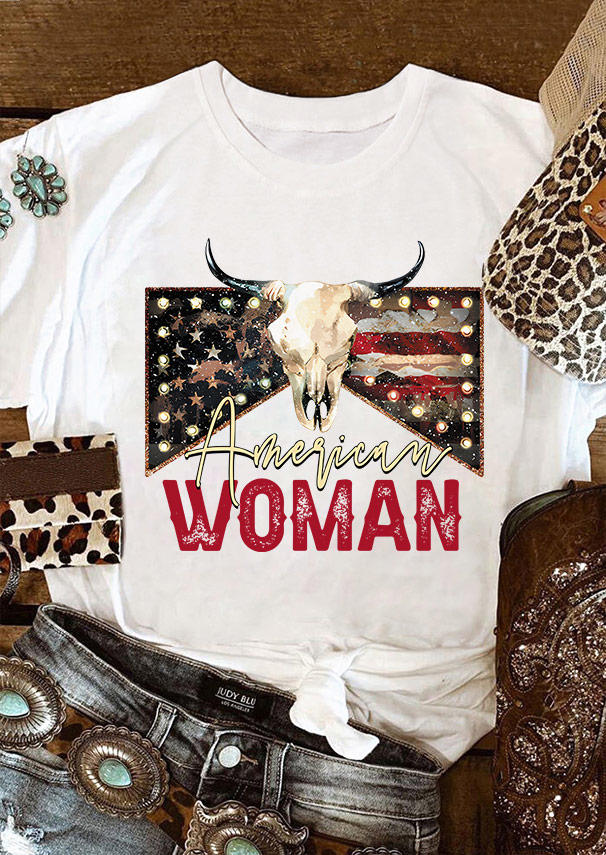 

American Woman Flag Steer Skull T-Shirt Tee - White, SCM015723