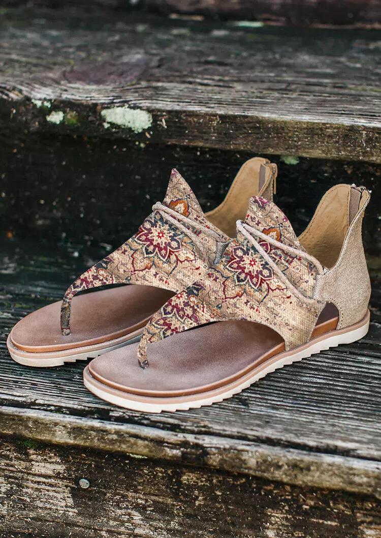 Ethnic Zipper Flat Sandals - Khaki