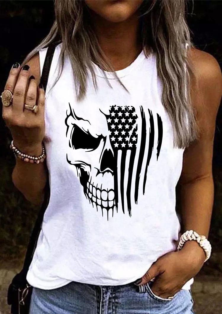 

American Flag Skull O-Neck Tank - White, SCM015776
