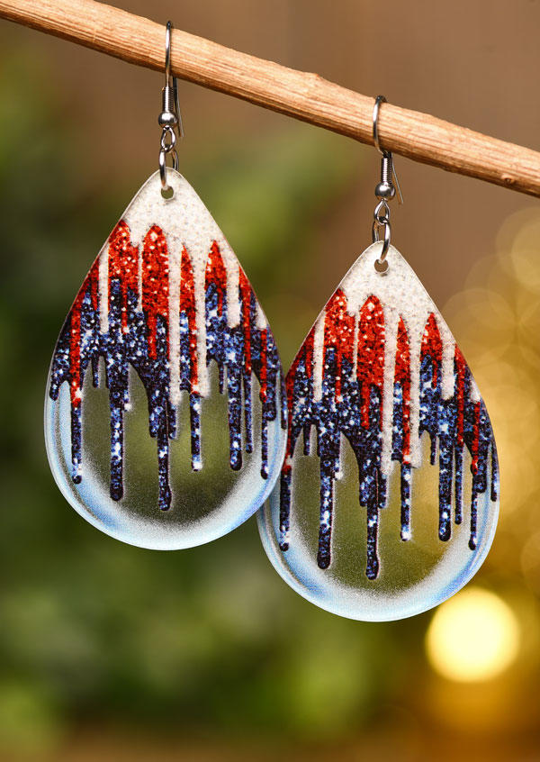 

American Flag Glitter Water Drop Earrings, Multicolor, SCM015532