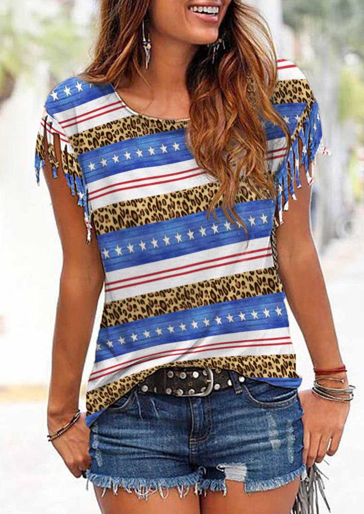 

Striped Star Leopard O-Neck Blouse, Multicolor, SCM015575