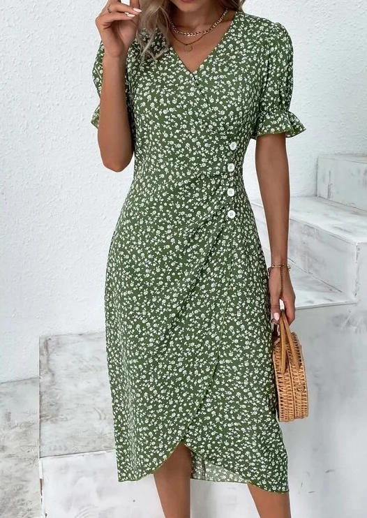 

Ditsy Floral Ruched Button Wrap Irregular Hem Puff Sleeve Midi Dress - Green, SCM015706