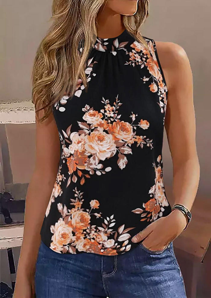 

Floral Button Casual Tank - Black, SCM015460