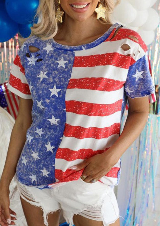 

American Flag Cut Out O-Neck Blouse, Multicolor, SCM015730