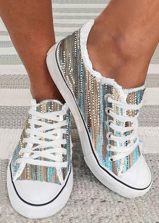 

Dot Striped Lace Up Flat Sneakers, Multicolor, SCM015869