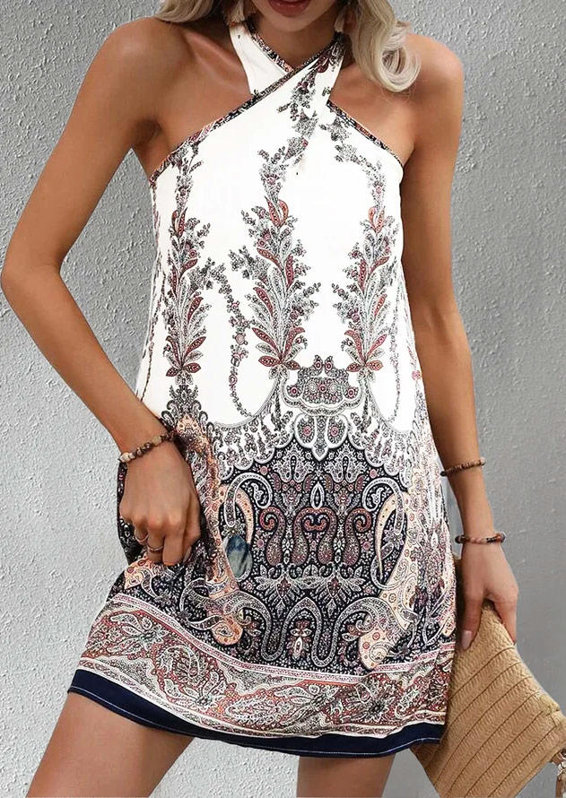 

Ethnic Paisley Criss-Cross Open Back Halter Mini Dress - White, SCM015883