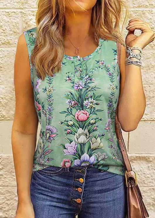 

Floral Button Casual O-Neck Tank, Multicolor, SCM015663