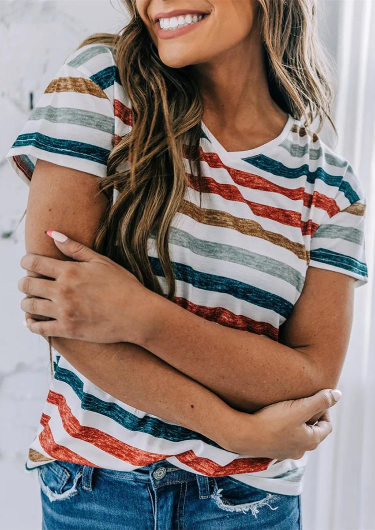 

Colorful Striped Casual V-Neck Blouse, Multicolor, SCM015716