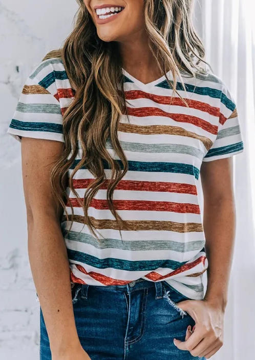 Colorful Striped Casual V-Neck Blouse