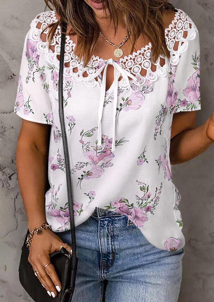 

Floral Lace Splicing Tie Blouse, Multicolor, SCM015719
