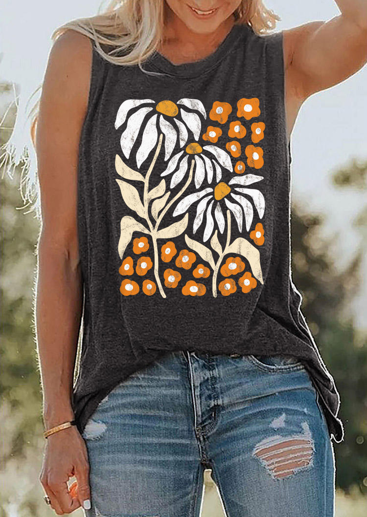 

Floral O-Neck Tank - Dark Grey, Gray, SCM015870