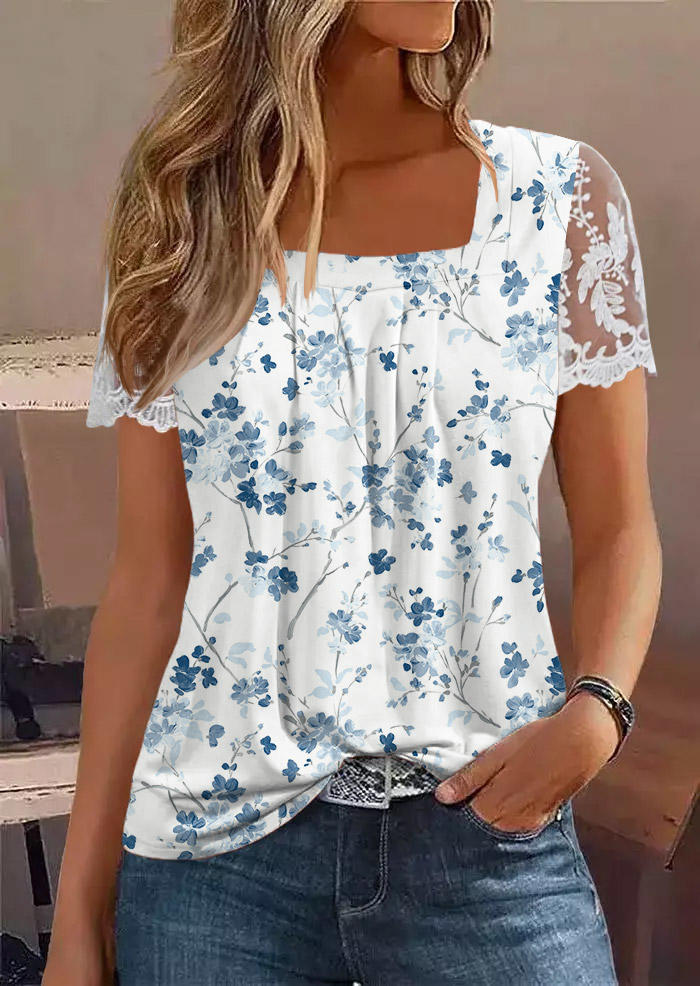 

Floral Lace Splicing Ruffled Blouse, Multicolor, SCM015918