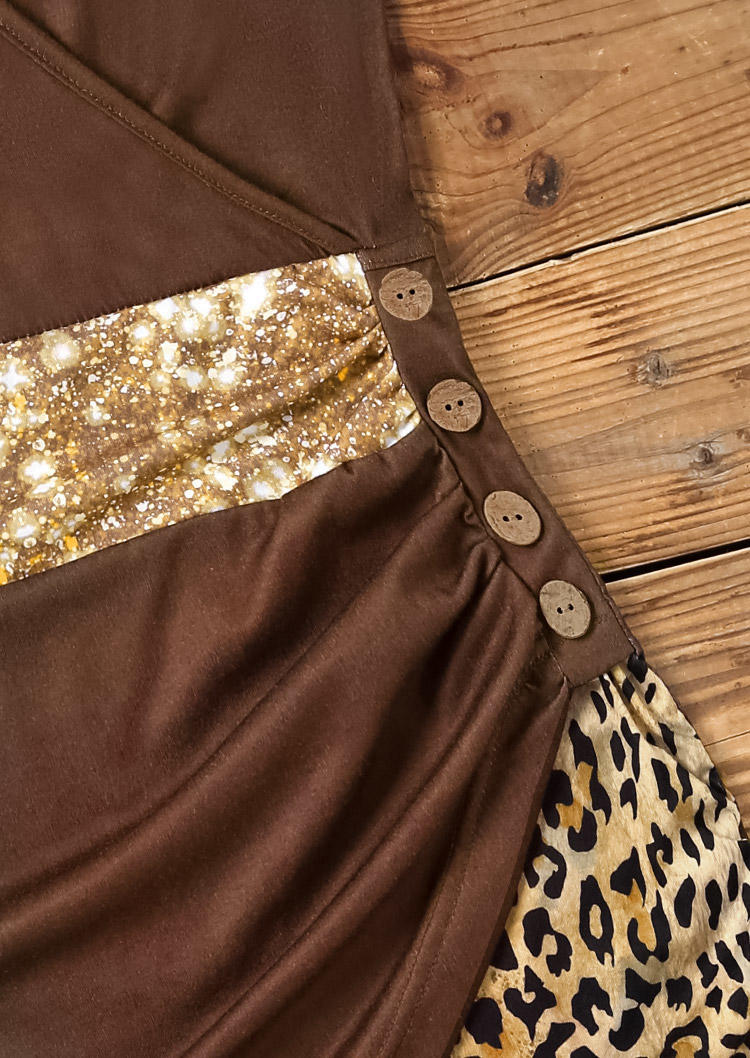 Leopard Glitter Wrap Button Mini Dress - Brown