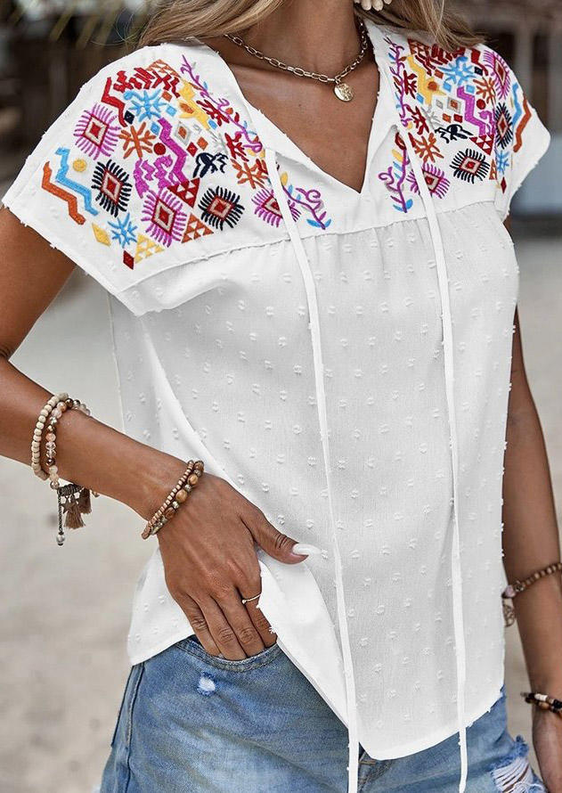 

Ethnic Dotted Swiss Loose Blouse - White, SCM015602