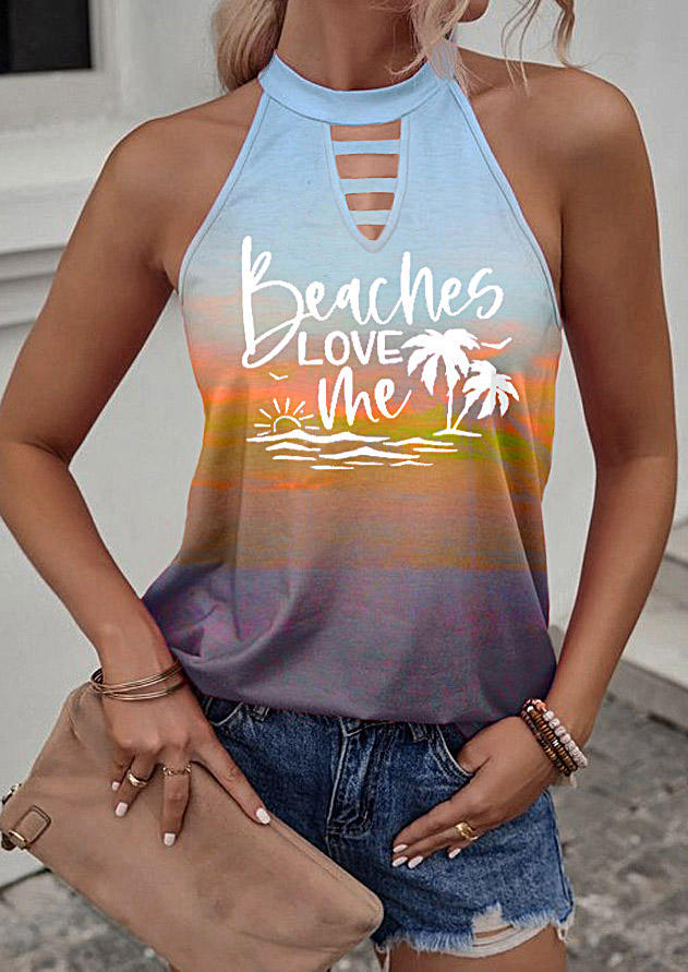 

Beaches Love Me Coconut Tree Gradient Button Hollow Out Tank, Multicolor, SCM015724